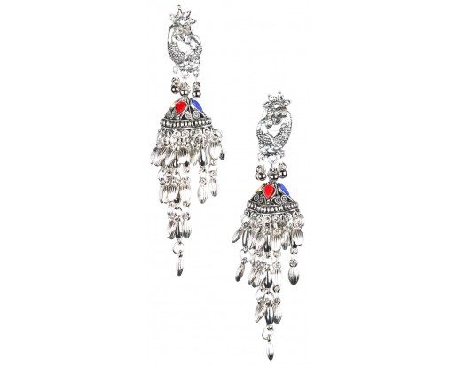 PEACOCK & CHANDELIER Silver Oxidized Earrings Jhumka Jhumki Bali Imitation Indian Bollywood Ethnic Wedding Jewelry H27